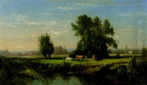 Cows Grazing By Pond by Dewitt Clinton Boutelle