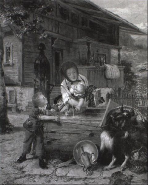 Mutter Mit Zwei Kindern Vor Dem Haus - view 1