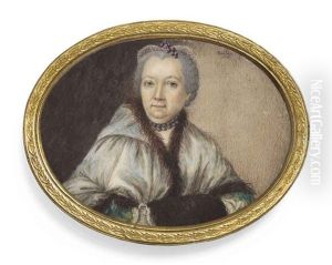 A Lady, In Fur-bordered Light-green Hooded Cape Over Green Dress With White Cuffs, Her Hands In A Brown Fur Muff, Wearing A Double Pearl Necklace by Guillaume Gabriel Bouton