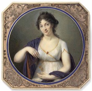 A Lady, Possibly Baronne Mechin, Nee Alexandrine-marie Raoulx, In White Dress And Purple Shawl, Seated In An Interior by Joseph Marie Bouton