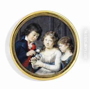 Three Children In An Interior: A Girl In White Dress With Lilac Sash And Ribbon In Her Hair by Joseph Marie Bouton