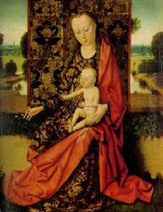 The Virgin Seated On A Low Wall Picking A Flower For The Child, Brocade And Landscape Beyond by Dieric the Younger Bouts