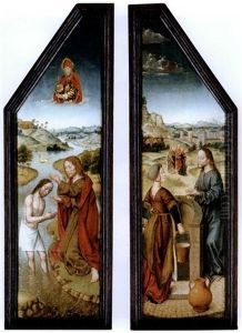 The Wings Of A Triptych: The Baptism Of Christ; And Christ And The Woman Of Samaria (pair In Collab. With Studio) by Aelbrecht Bouts