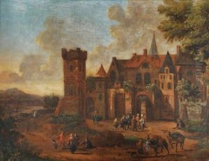 Groupe De Personnages Devisant Au Pied Du Chateau