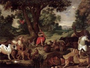 Orpheus Mit Den Tieren Unter Einem Baum In Weitlaufiger Waldlandschaft by Frederik Bouttats the Elder