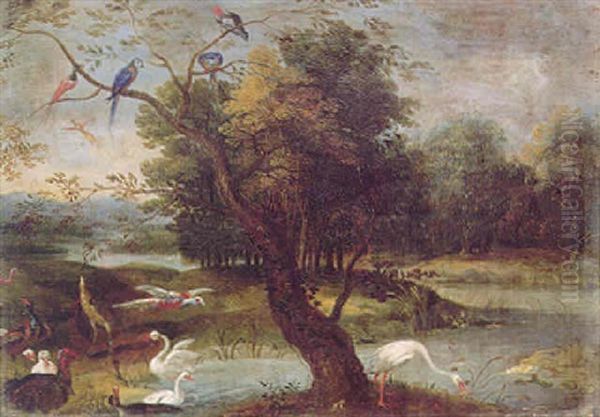 A Paradise Landscape With Numerous Exotic Birds - view 1