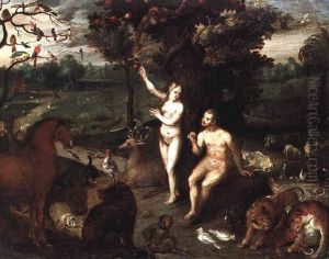 Adam And Eve In The Garden Of Eden by Frederik Bouttats the Elder