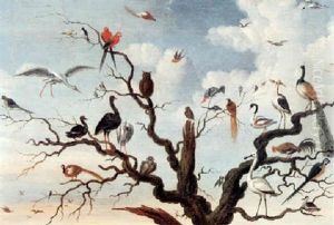 A Concert Of Birds In A Tree, Including Owls, A Pheasant, A Peacock And Other Birds