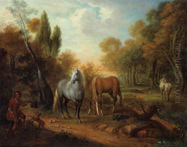 Zwei Schimmel Und Ein Brauner Sowie Ein Pferdeknecht In Einer Waldlandschaft - view 1