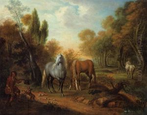 Zwei Schimmel Und Ein Brauner Sowie Ein Pferdeknecht In Einer Waldlandschaft Zwei Schimmel Und Ein Brauner Sowie Ein Pferdeknecht In Einer Waldlandschaft