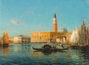 Blick Uber Boote Auf Den Abendlich Beleuchteten Dogenpalast by Joseph-Antoine Bouvard