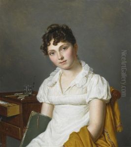 Portrait Of A Lady, Half Length, Holding An Artist's Portfolio, Seated At A Table With A Chest Of Drawing Paraphernalia by Pierre Louis Bouvier
