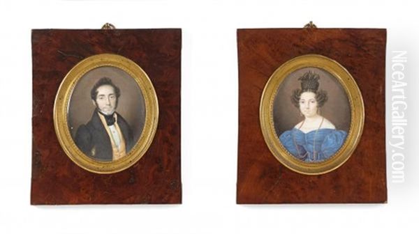 Double Portraits Figurant Un Couple De Personnages, En Redingote Et Gilet Jaune Pour Le Premier, Rose Plissee Bleue Et Coiffure A Haut Chignon Pour La Seconde (2 Works) - view 1