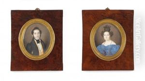 Double Portraits Figurant Un Couple De Personnages, En Redingote Et Gilet Jaune Pour Le Premier, Rose Plissee Bleue Et Coiffure A Haut Chignon Pour La Seconde (2 Works)