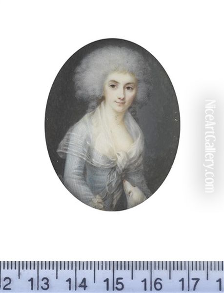 A Lady, Wearing Powder Blue Dress And Sheer White Fichu, Her Powdered Wig Worn A La Conseilleur, A Faithful Dog Looking Up At Her Before Her Lap - view 1