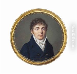 A Young Gentleman, In Blue Coat With Gold Buttons, White Waistcoat And Filled Cravat, Curling Brown Hair by Pierre Louis Bouvier
