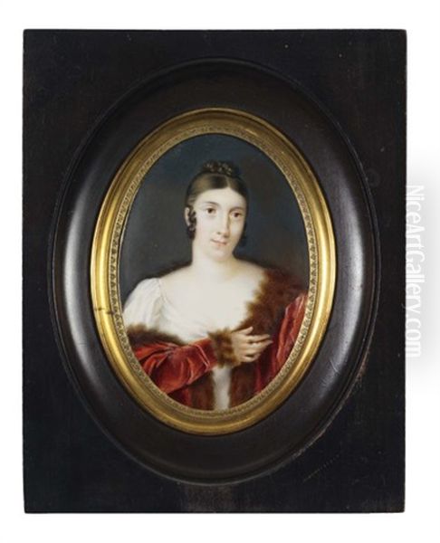 Portrait De Femme En Robe De Soie Et Manteau De Velours Rouge Borde De Zibeline - view 1