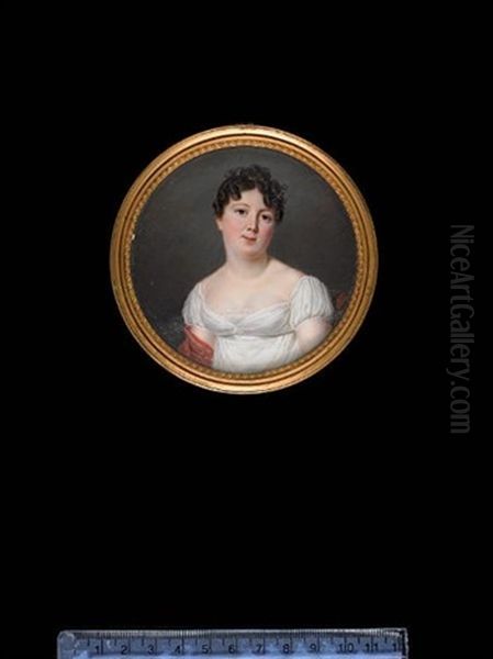 A Lady, Wearing White Dress And Red Shawl With Embroidered Border, Her Brown Hair Curled And Upswept With A Coral Bandeau, Matching Earrings - view 1