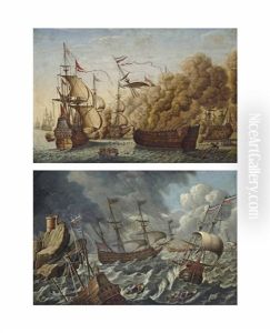 An Incident In The Battle Of The Downs (+ Dutch Galleons Labouring In Heavy Weather, With One Sinking By The Bow Off A Rocky Outcrop Topped By A Citadel (both Illustrated); Pair) by Cornelis Bouwmeester