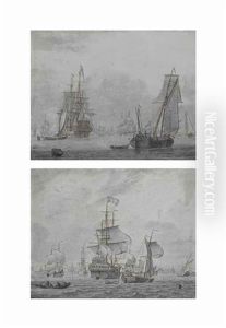 A Penschilderij With Shipping In A Light Breeze And A Penschilderij With Shipping In A Strong Breeze (a Pair) by Cornelis Bouwmeester