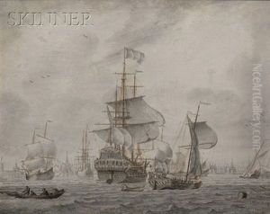 Vessels In Port In Calm Seas (2 Works) by Cornelis Bouwmeester