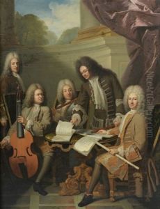 Portrait Du Compositeur Michel De La Barre, Tournant Les Pages D'un Cahier De Musique, Avec Un Joueur De Viole Et De Deux Flutistes by Andre Bouys