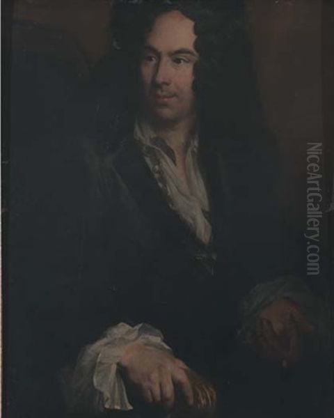 Portrait D'homme Assis Coiffe D'une Perruque, La Chemise Ouverte, La Main Droite Sur L'accotoir D'un Siege - view 1