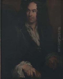 Portrait D'homme Assis Coiffe D'une Perruque, La Chemise Ouverte, La Main Droite Sur L'accotoir D'un Siege