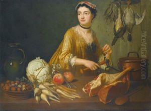 Interior Scene With A Lady Seated By A Kitchen Table Preparing A Meal