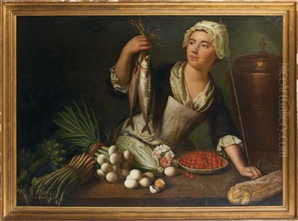 Servante Dans Une Cuisine Hissant Des Maquereaux - Sur La Table: Legumes, Oeufs, Cerises Et Pain - view 1