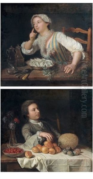 Allegorie Du Toucher Avec Prunes, Melon D'eau, Cerises Et Abricots (+ Allegorie De L'odorat Avec Sauge, Basilic, Thym Et Estragon; Pair) - view 1