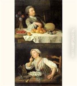 Jeune Homme A Table Devant Des Fruits (+ Jeune Femme A Table Devant Des Herbes; Pair) Jeune Homme A Table Devant Des Fruits (+ Jeune Femme A Table Devant Des Herbes; Pair)