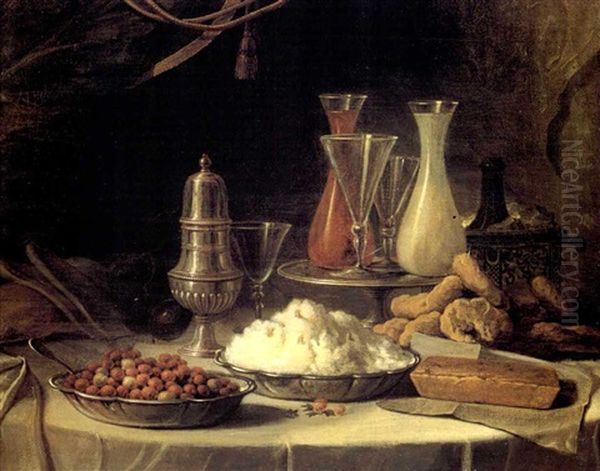 Nature Morte Aux Pieces D'orfevrerie Et Friandises Sur Entablement - view 1