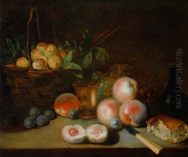 Nature Morte: Corbeille De Fruits, Fruits, Timbale... Poses Sur Un Entablement - view 1