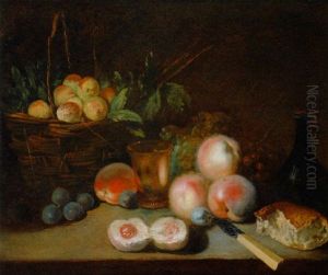 Nature Morte: Corbeille De Fruits, Fruits, Timbale... Poses Sur Un Entablement by Andre Bouys