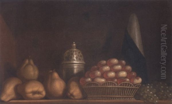 A Still Life Of Apples In A Wicker Basket, Together With Pears, Peaches And A Silver Sugar Caster - view 1