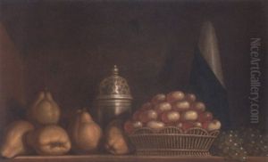 A Still Life Of Apples In A Wicker Basket, Together With Pears, Peaches And A Silver Sugar Caster by Andre Bouys