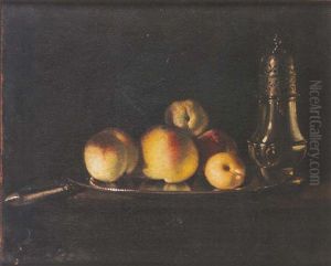 A Still Life Of A Silver Dish Of Peaches, A Sugar Caster And A Knife On A Ledge A Still Life Of A Silver Dish Of Peaches, A Sugar Caster And A Knife On A Ledge