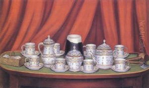 Still Life Of A Coffee Service, With A Hot Milk Pot, A Sucrier, A Mallet And A Hatchet All On A Table by Andre Bouys