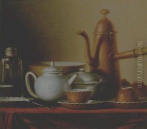 Still Life Of A Chocolate Pot, Teapot, Sucrier, Bowl, Tea Jar, Tea Cups And Silver Spoons, All Upon A Draped Table Top