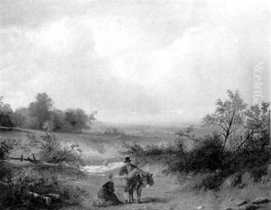 Travellers With A Donkey On A Track In An Extensive Landscape Travellers With A Donkey On A Track In An Extensive Landscape