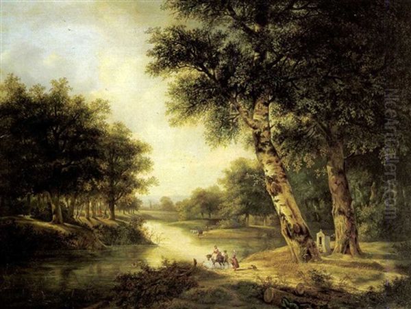 Figures Crossing A Stream In An Extensive Wooded Landscape - view 1
