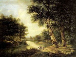 Figures Crossing A Stream In An Extensive Wooded Landscape Figures Crossing A Stream In An Extensive Wooded Landscape