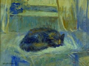 Cat Seated On A Plush White Pillow Before A Window by Harriette Bowdoin