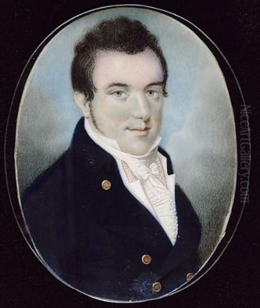 A Gentleman Called Leigh, Wearing Blue Coat, White Waistcoat, Spotted Red Solitaire, Frilled White Chemise And Tied Stock - view 1