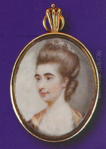 A Lady With Pearls Entwined In Her Upswept Hair Wearing Orange Cloak Over Decollete White Dress - view 1