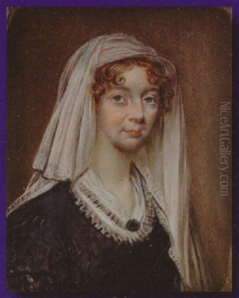 Mrs. Cotton, Wearing Black Dress With White Frilled Collar And Fichu, Gold Necklace And White Lace Edged Veil - view 1