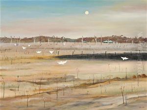 Wimmera Landscape With Full Moon And White Cockatoos