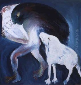 Black Haired Woman Holding Handkerchief With Crying Dog by Arthur Merric Boyd