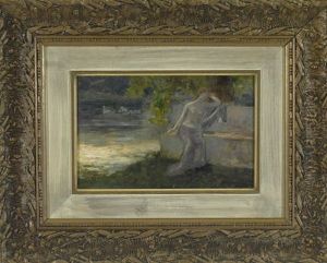 Traumende Nymphe Mit Schwanen Am Seeufer by Abel Dominique Boye